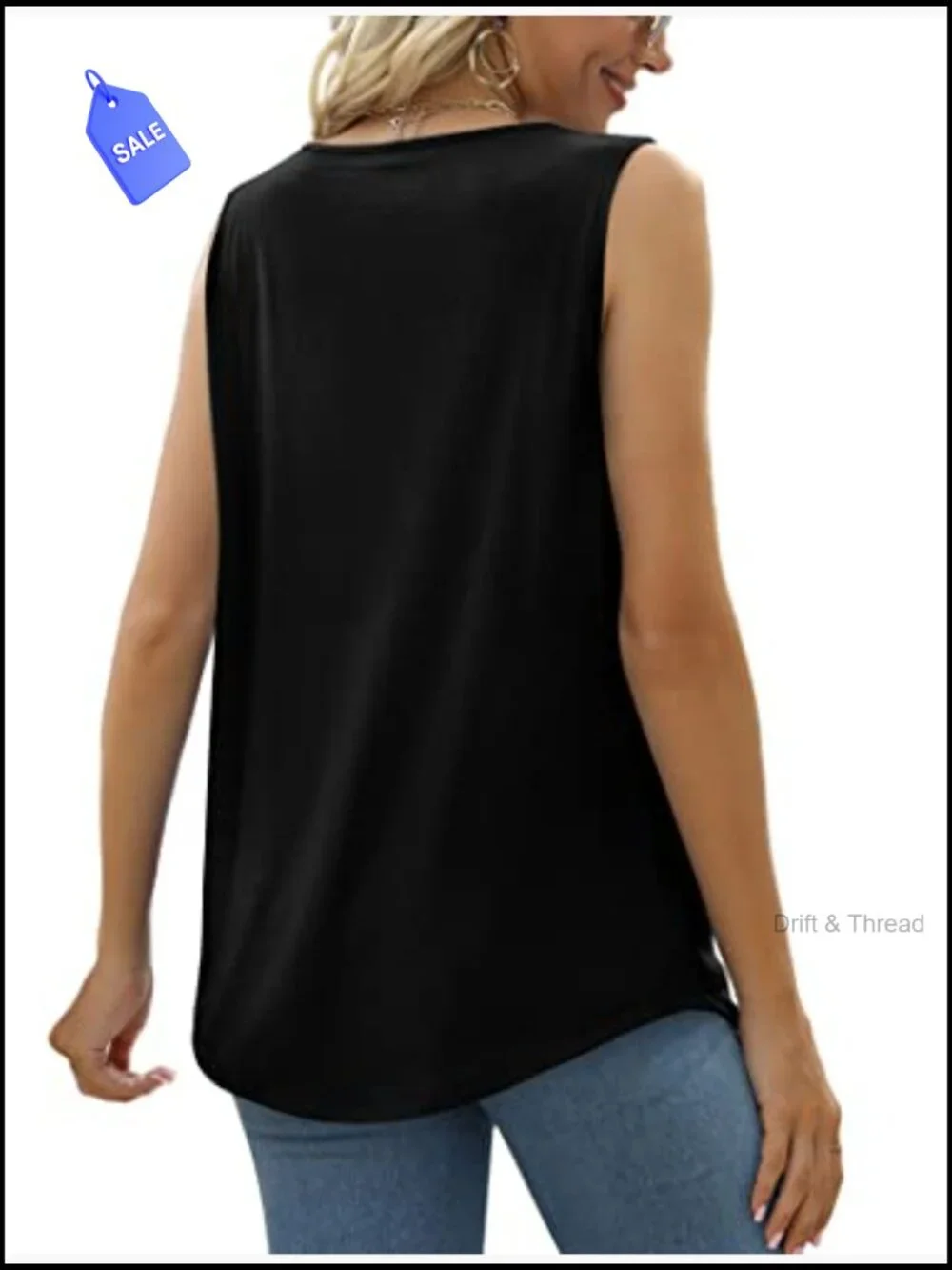 Women's Loose Fit Square Neck Tank Top Pleated Curved Hem Summer